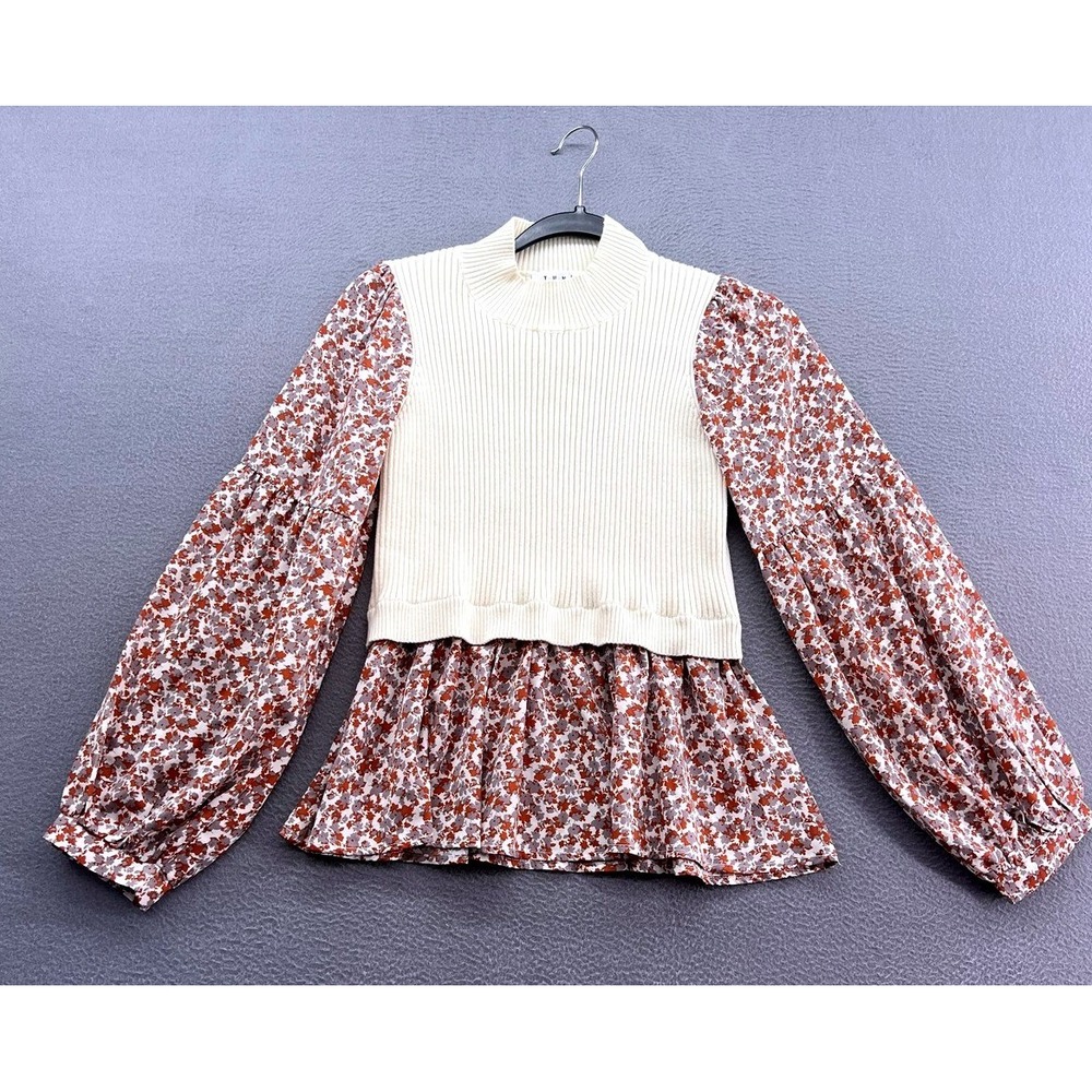 THML Blouse Womens XS Beige Floral Tunic Sweater Mock Neck Balloon Sleeve Ruffle
